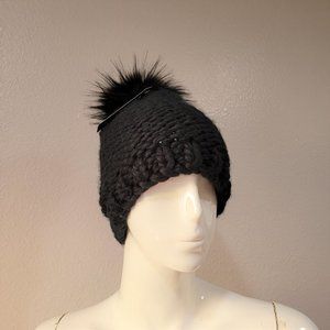 ECHO23NYC Women's Black Chunky Knit Faux Fur Pomp Beanie Hat NWT